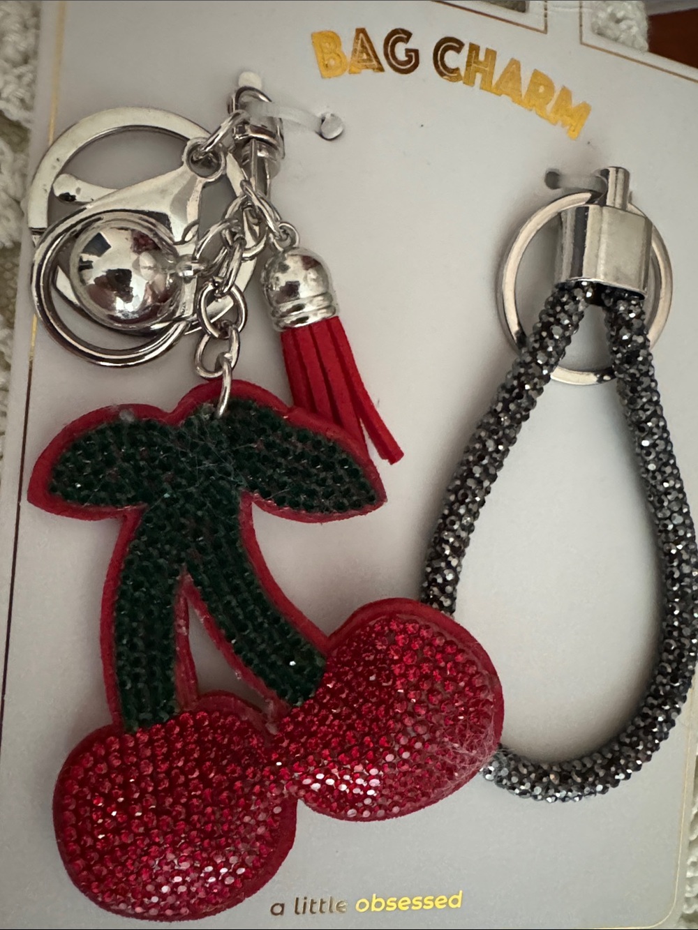 Bag Charm Key Red Cherry & Black Crystal Loop
